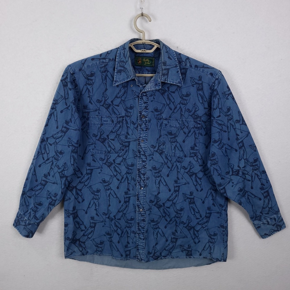 Bobby Jones Denim Golf Print Shirt Mens Large Blue Vintage Long Sleeve Button Up